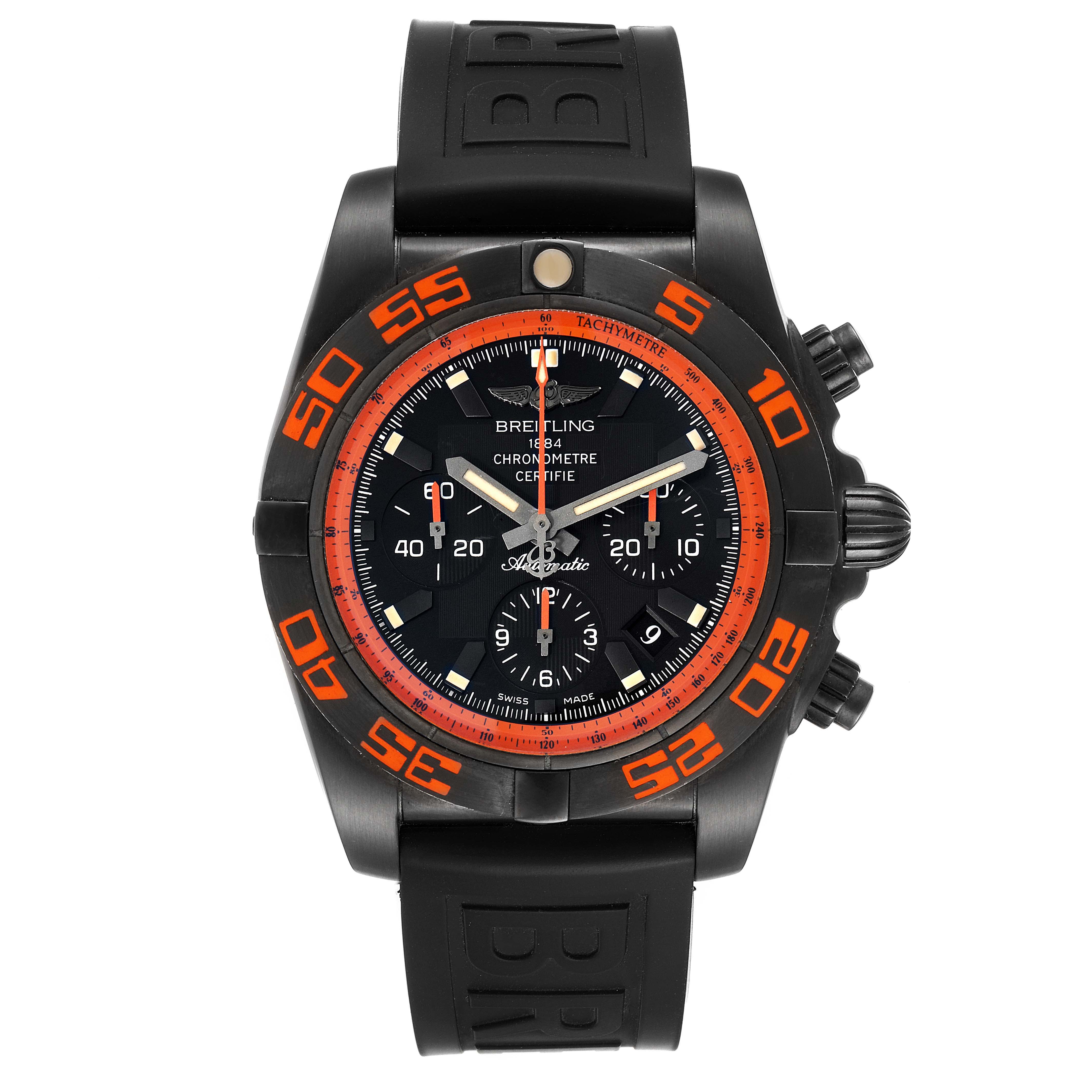 The image shows a Breitling Chronomat MB0111C2/BD07/153S Men's Stainless Steel Black Dial MB0111C2/BD07/153S Men's Stainless Steel Black Dial watch from a front view, highlighting the dial, bezel, and strap.