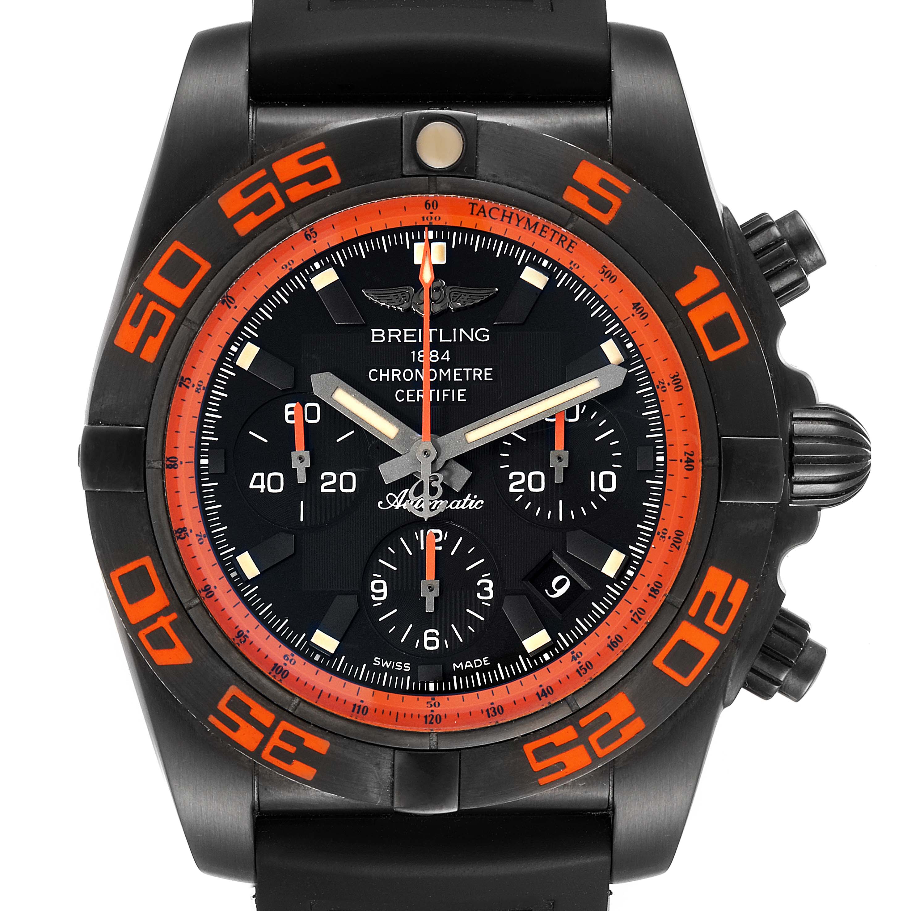 The image shows a front view of the Breitling Chronomat MB0111C2/BD07/153S Men's Stainless Steel Black Dial MB0111C2/BD07/153S Men's Stainless Steel Black Dial watch with a black and orange bezel and chronograph subdials.