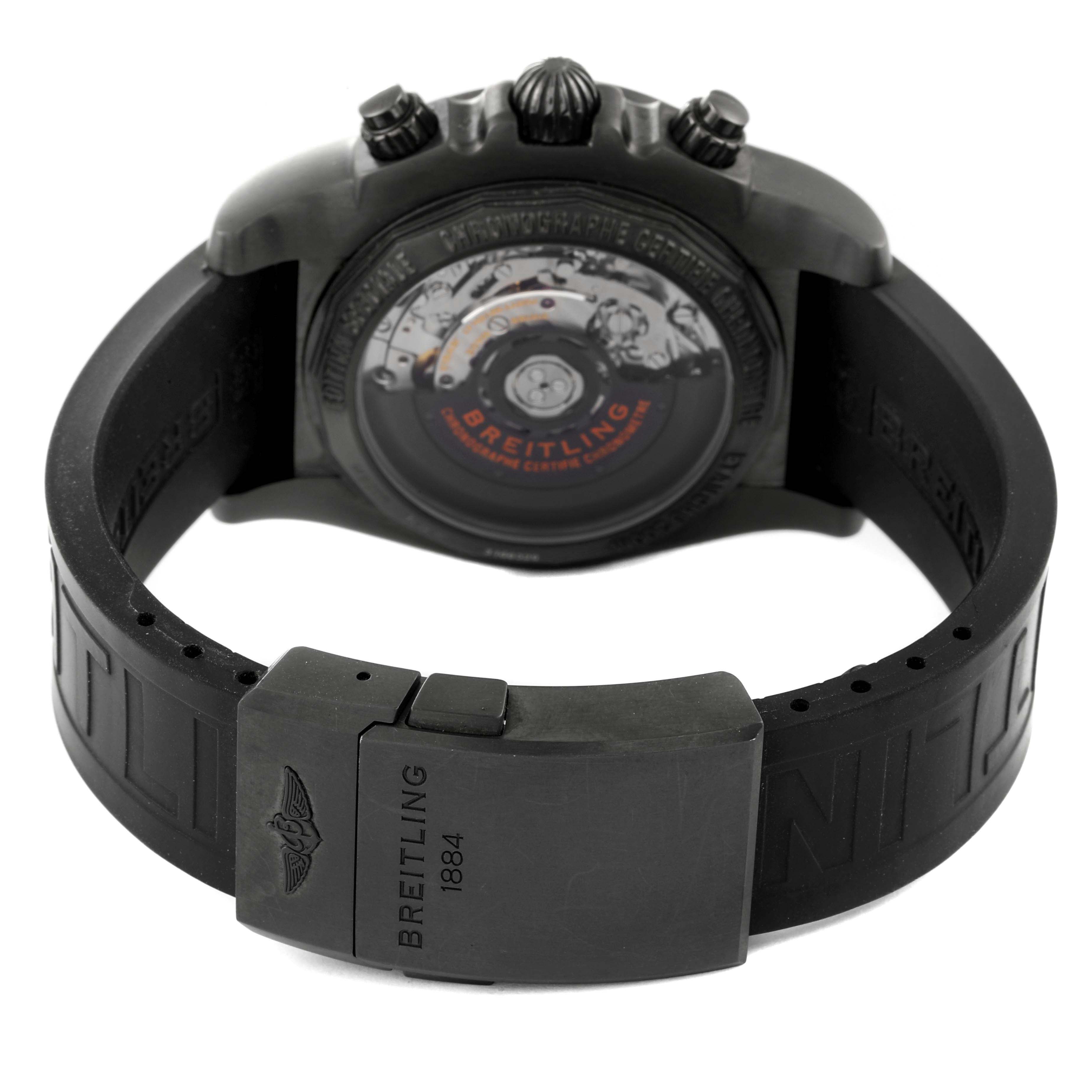 This image shows the back of a Breitling Chronomat MB0111C2/BD07/153S Men's Stainless Steel Black Dial MB0111C2/BD07/153S Men's Stainless Steel Black Dial watch, highlighting the movement mechanism and the rubber strap with a clasp.