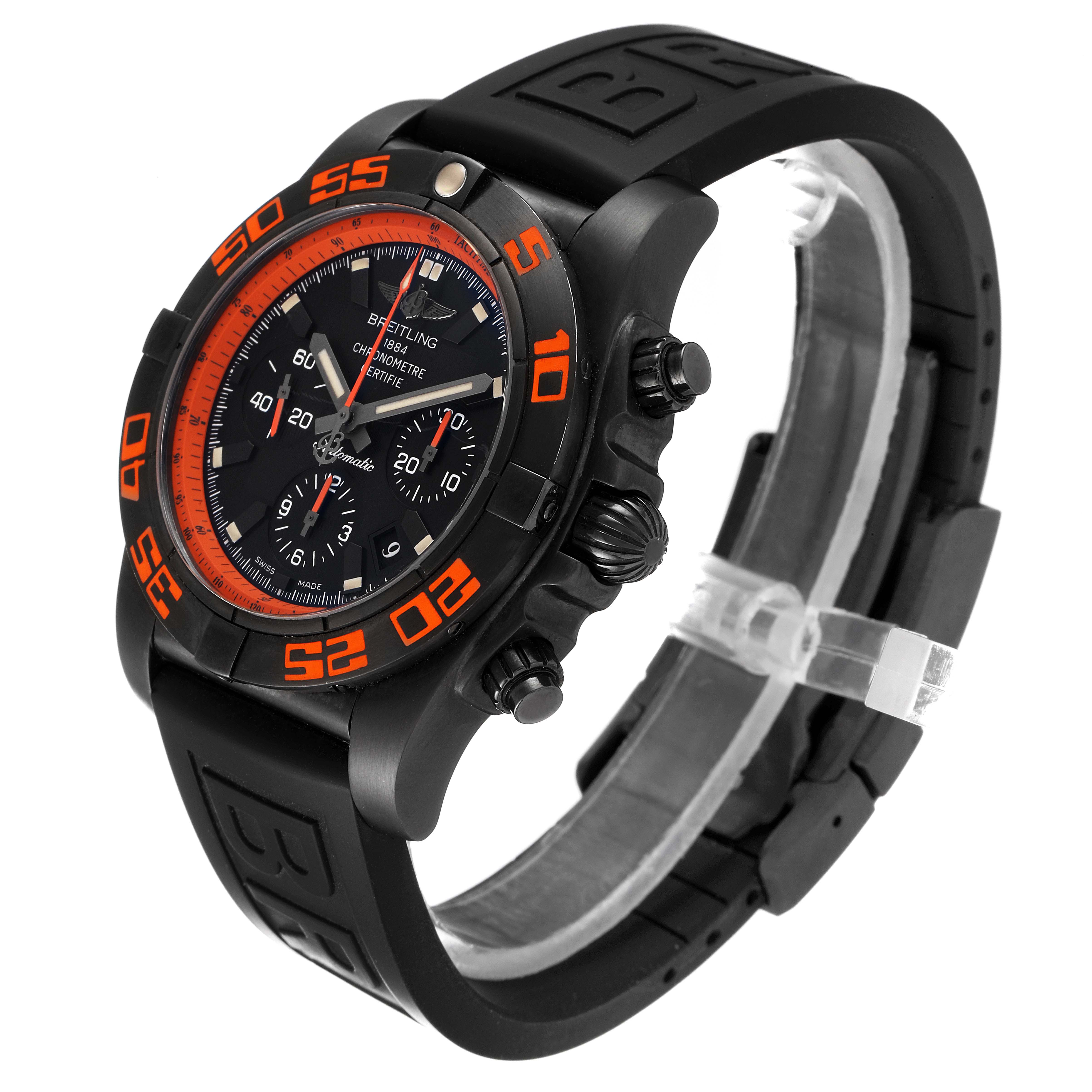 The Breitling Chronomat MB0111C2/BD07/153S Men's Stainless Steel Black Dial MB0111C2/BD07/153S Men's Stainless Steel Black Dial watch is shown at a three-quarter angle, highlighting its black case, orange accents, and black rubber strap.