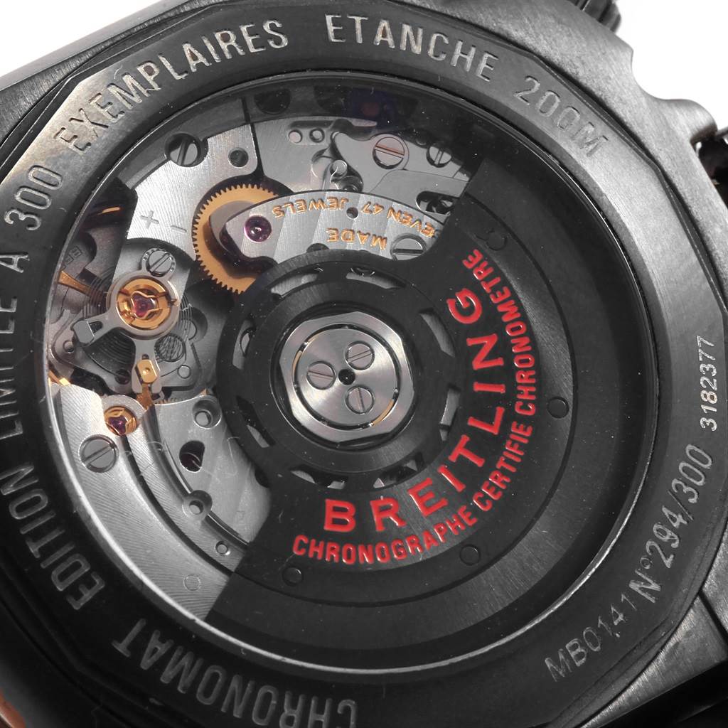 The image shows the case back of the Breitling Chronomat MB0141 Men's Stainless Steel Black Dial MB0141 Men's Stainless Steel Black Dial model, highlighting its movement and internal components.