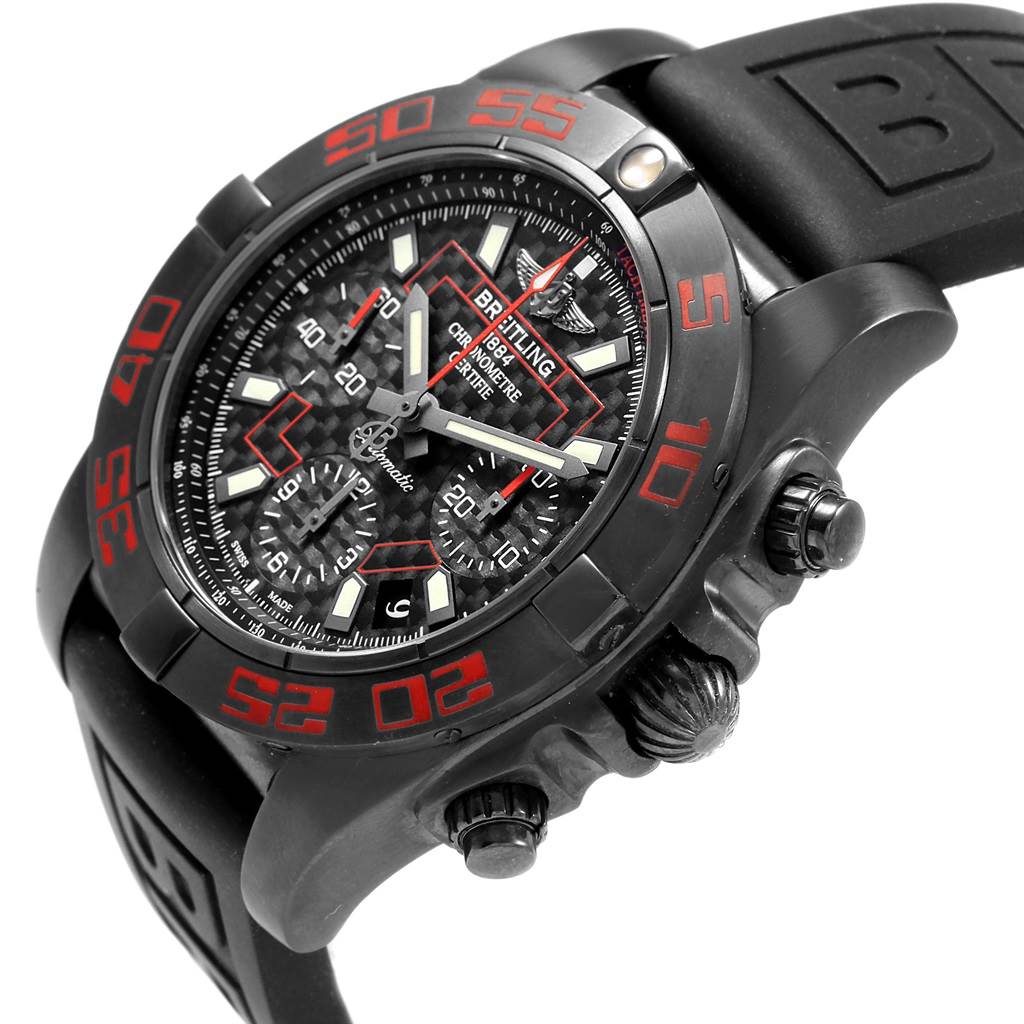 The image shows a Breitling Chronomat MB0141 Men's Stainless Steel Black Dial MB0141 Men's Stainless Steel Black Dial watch from a slightly angled side view, highlighting the bezel, dial, crown, and straps.