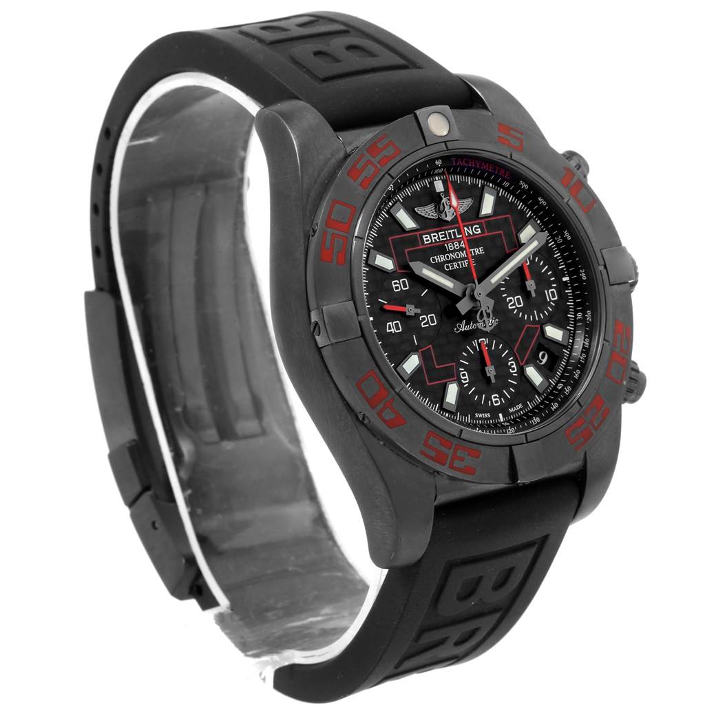 The image shows a Breitling Chronomat MB0141 Men's Stainless Steel Black Dial MB0141 Men's Stainless Steel Black Dial watch from an angled front view, highlighting the dial, bezel, and rubber strap.