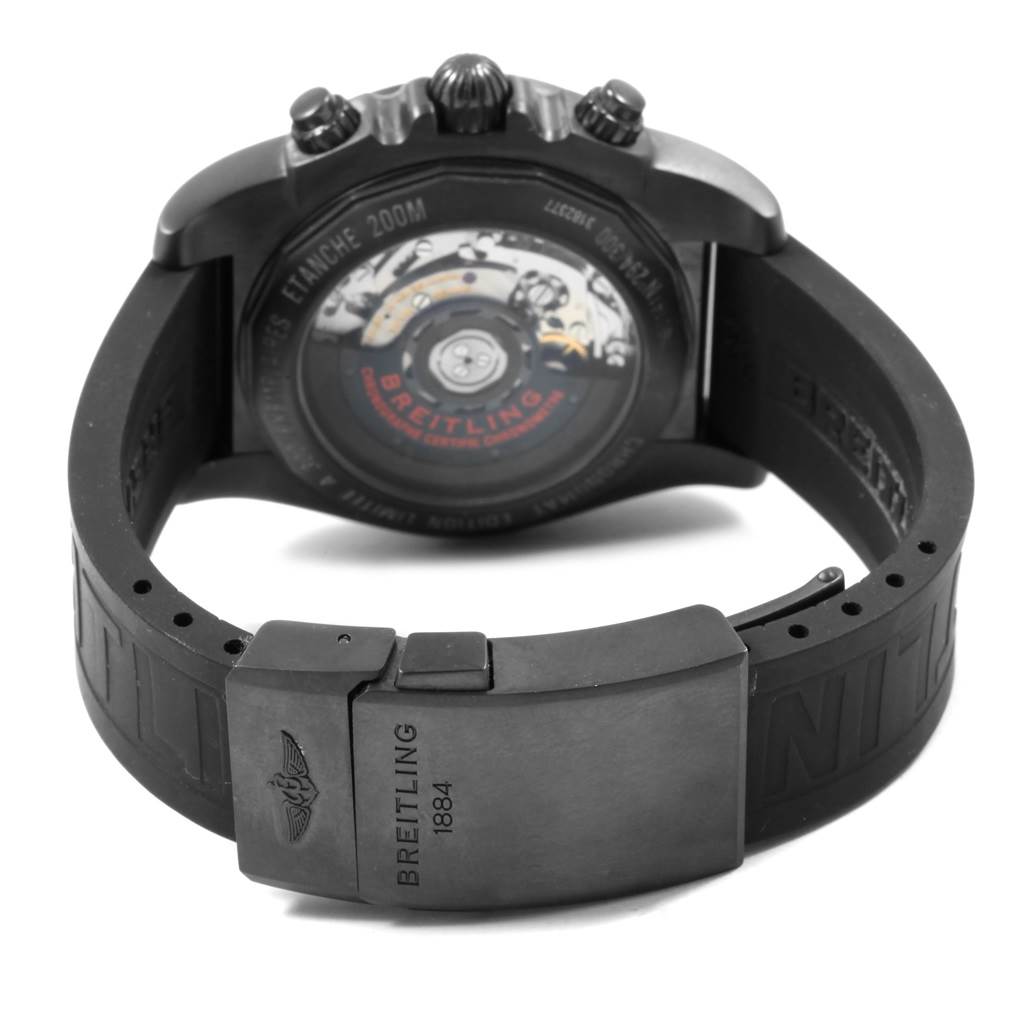 This image shows the back view of the Breitling Chronomat MB0141 Men's Stainless Steel Black Dial MB0141 Men's Stainless Steel Black Dial watch, highlighting the clasp, strap, and transparent case back.