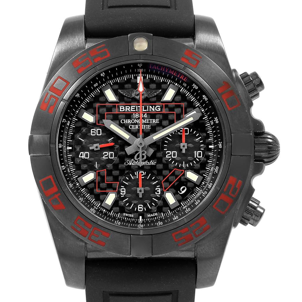 The image shows a front view of the Breitling Chronomat MB0141 Men's Stainless Steel Black Dial MB0141 Men's Stainless Steel Black Dial watch featuring its face, bezel, and buttons.