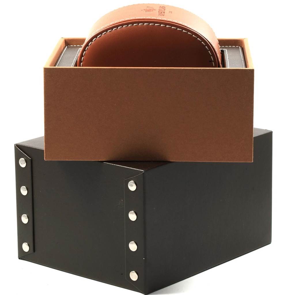 This image shows the packaging and watch case of a Breitling Chronomat MB0141 Men's Stainless Steel Black Dial MB0141 Men's Stainless Steel Black Dial model, taken from an angled top view.