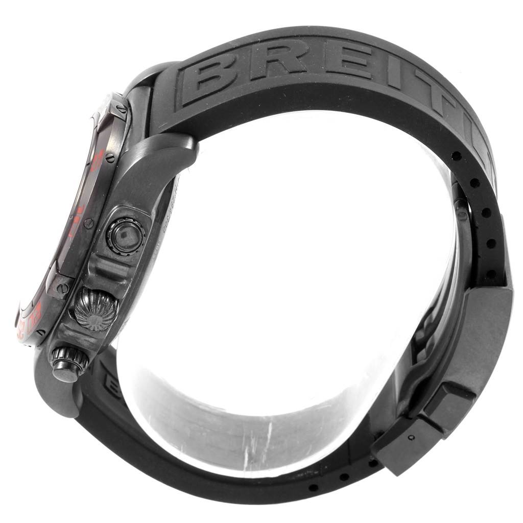 This image shows a side view of a Breitling Chronomat MB0141 Men's Stainless Steel Black Dial MB0141 Men's Stainless Steel Black Dial watch, emphasizing the crown, pushers, and textured rubber strap.