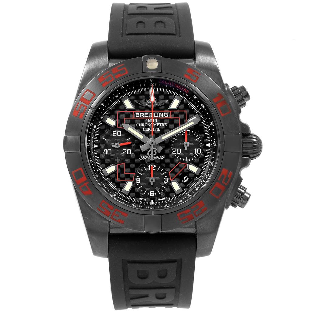 The image shows a frontal view of the Breitling Chronomat MB0141 Men's Stainless Steel Black Dial MB0141 Men's Stainless Steel Black Dial watch, highlighting the face, bezel, and strap.