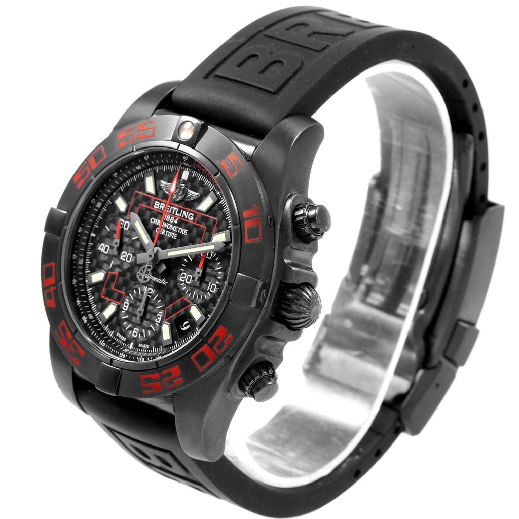 The image shows a Breitling Chronomat MB0141 Men's Stainless Steel Black Dial MB0141 Men's Stainless Steel Black Dial watch, angled to display the face, bezel, case, and partially the band.