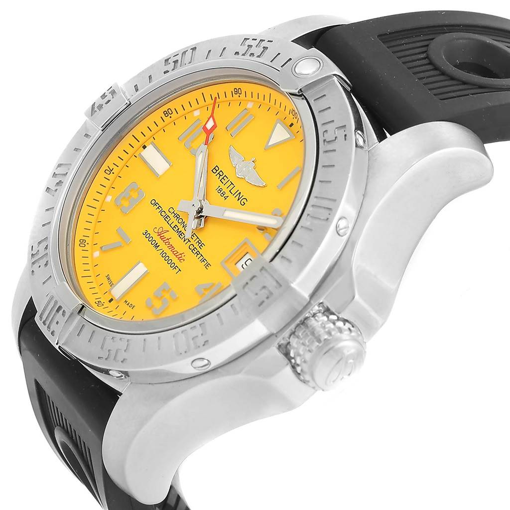 The image shows a Breitling Chronomat A17331 Men's Stainless Steel Yellow Dial A17331 Men's Stainless Steel Yellow Dial watch at an angle highlighting the yellow dial, bezel, crown, and part of the black strap.