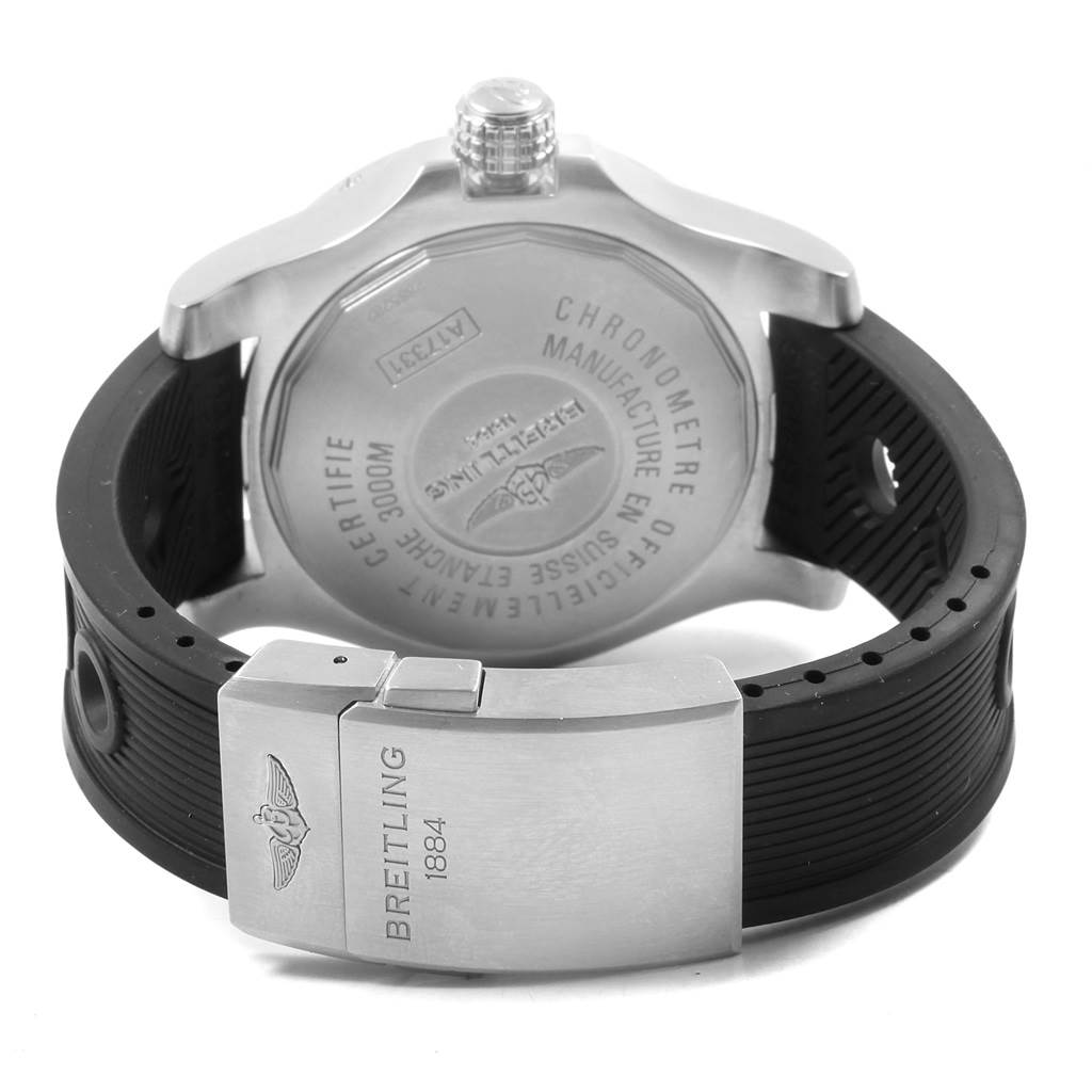 The image shows the back case and rubber strap with the clasp of the Breitling Chronomat A17331 Men's Stainless Steel Yellow Dial A17331 Men's Stainless Steel Yellow Dial watch in a rear view angle.