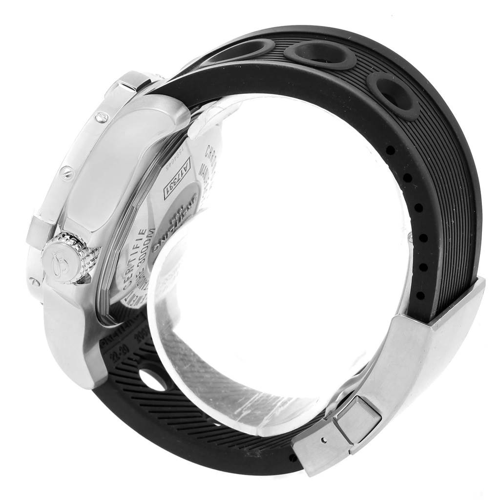 The angle shows the side and back of the Breitling Chronomat A17331 Men's Stainless Steel Yellow Dial A17331 Men's Stainless Steel Yellow Dial watch, highlighting the crown, case, and rubber strap with buckle.