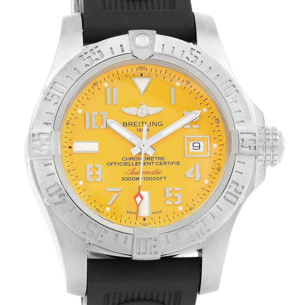 This Breitling Chronomat A17331 Men's Stainless Steel Yellow Dial A17331 Men's Stainless Steel Yellow Dial watch is shown from the front, featuring a yellow dial, date window, and black rubber strap.