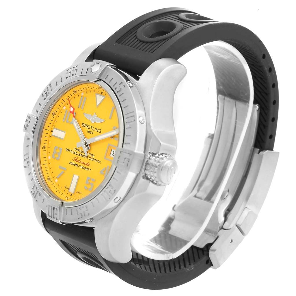 The Breitling Chronomat A17331 Men's Stainless Steel Yellow Dial A17331 Men's Stainless Steel Yellow Dial watch is shown from a side angle, displaying the yellow dial, bezel, crown, and part of the black strap.
