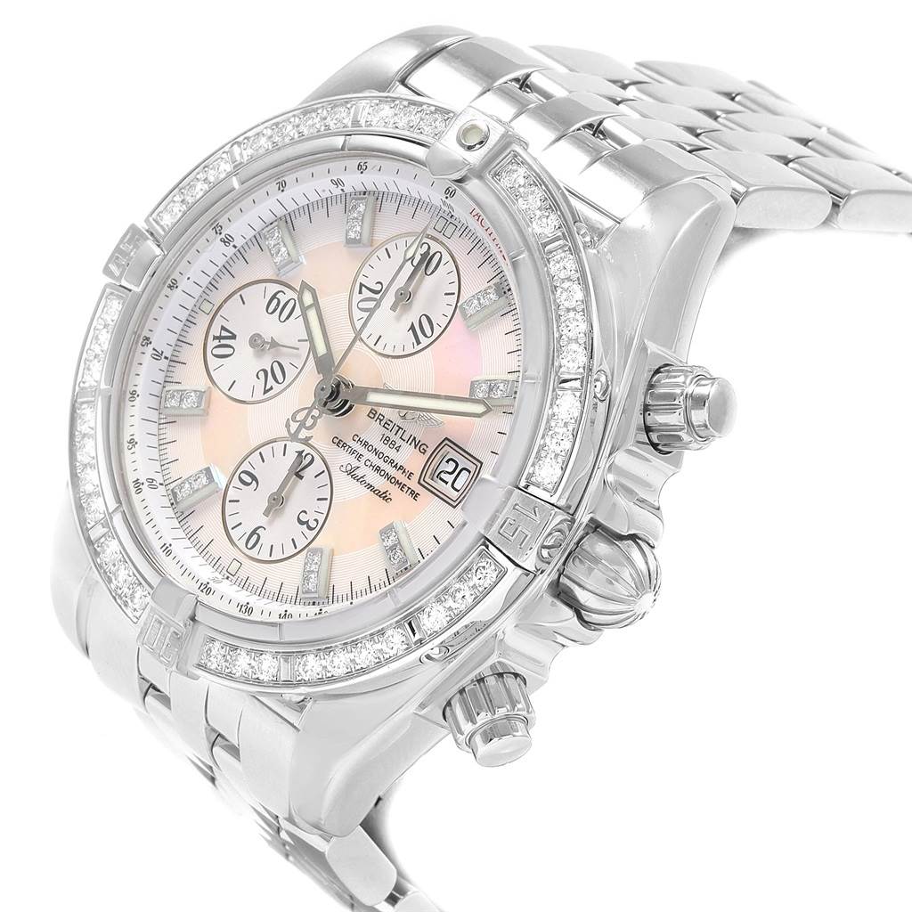 The image shows a Breitling Chronomat A13356 Men's Stainless Steel Mother of Pearl Dial A13356 Men's Stainless Steel Mother of Pearl Dial watch from a three-quarter angle, highlighting its face, bezel, crown, and bracelet.