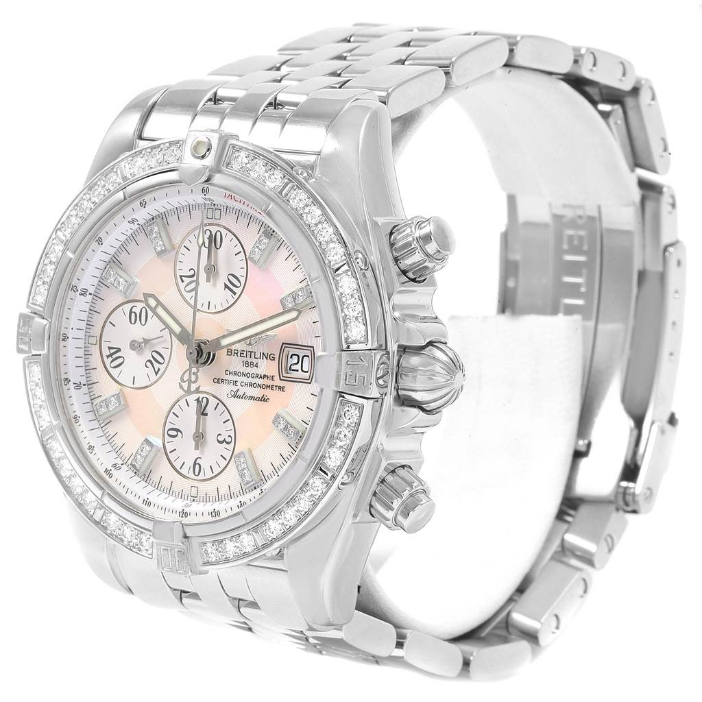 The image shows a Breitling Chronomat A13356 Men's Stainless Steel Mother of Pearl Dial A13356 Men's Stainless Steel Mother of Pearl Dial watch from an angled view displaying its dial, bezel, crown, and metal bracelet.