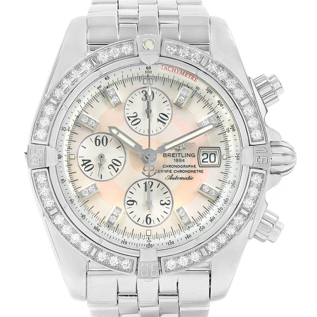 This image shows a close-up, front view of the Breitling Chronomat A13356 Men's Stainless Steel Mother of Pearl Dial A13356 Men's Stainless Steel Mother of Pearl Dial watch, highlighting the dial, subdials, bezel, and bracelet.