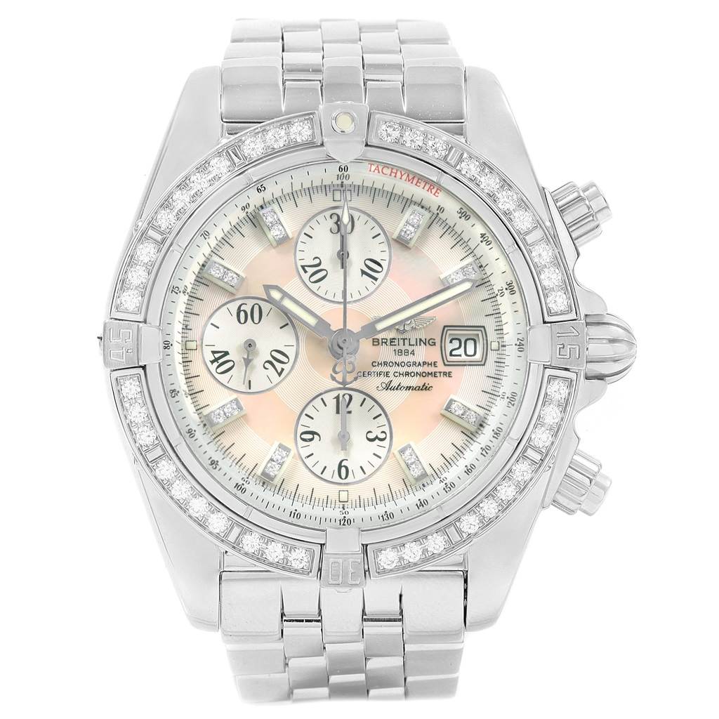 The Breitling Chronomat A13356 Men's Stainless Steel Mother of Pearl Dial A13356 Men's Stainless Steel Mother of Pearl Dial watch is shown from a front view, displaying the dial, bezel, subdials, hands, and bracelet.