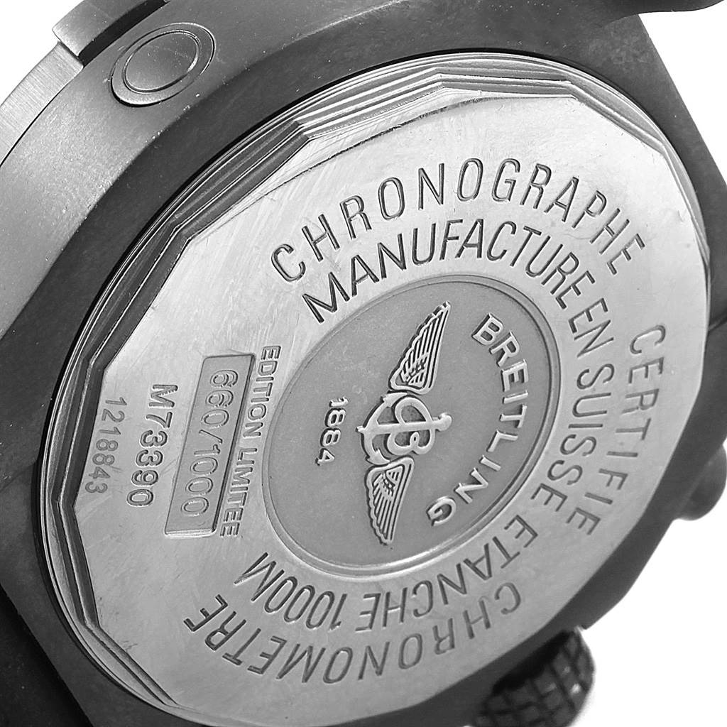 This image shows the back case of a Breitling Chronomat M73390 Men's Stainless Steel Black Dial M73390 Men's Stainless Steel Black Dial watch, highlighting its engravings and limited edition number.