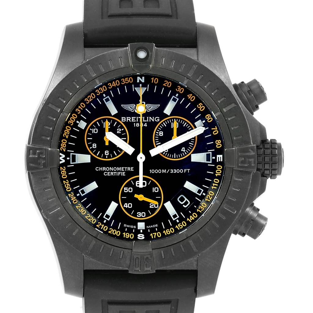 This image shows a frontal view of a Breitling Chronomat M73390 Men's Stainless Steel Black Dial M73390 Men's Stainless Steel Black Dial watch, highlighting its face, bezel, and pushers on the side.