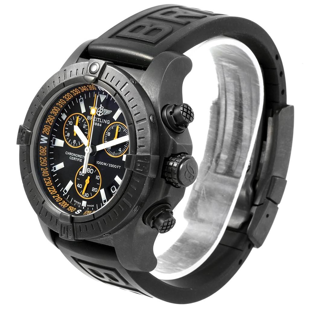 This is a Breitling Chronomat M73390 Men's Stainless Steel Black Dial M73390 Men's Stainless Steel Black Dial watch, shown from a front-side angle, highlighting the face, bezel, and rubber strap.