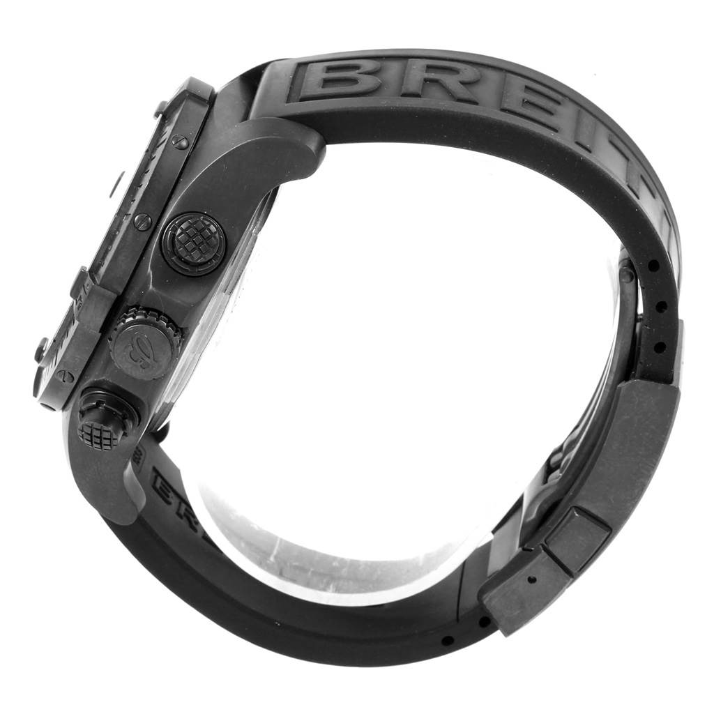 The image shows the side view of a Breitling Chronomat M73390 Men's Stainless Steel Black Dial M73390 Men's Stainless Steel Black Dial watch, highlighting the crown, pushers, and rubber strap.