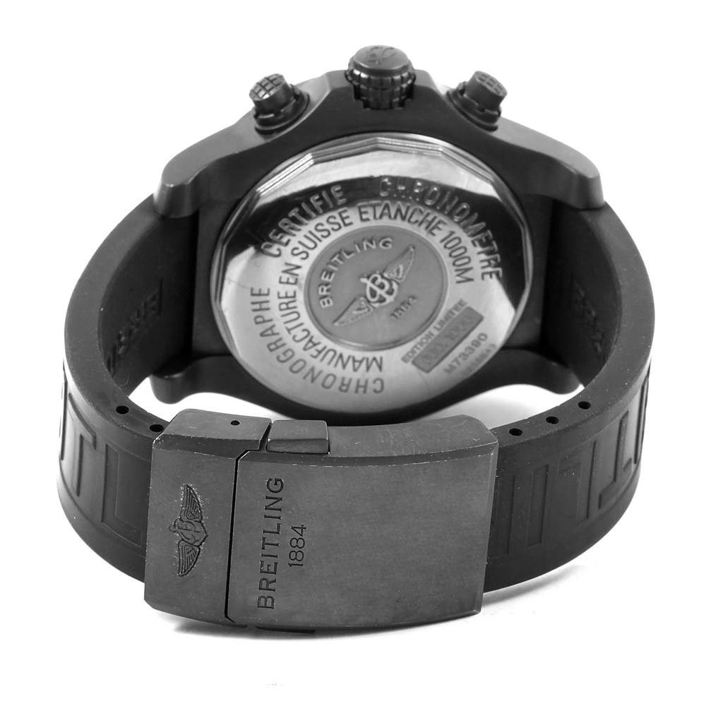 The image shows the back and clasp of the Breitling Chronomat M73390 Men's Stainless Steel Black Dial M73390 Men's Stainless Steel Black Dial watch, highlighting its case back and rubber strap.