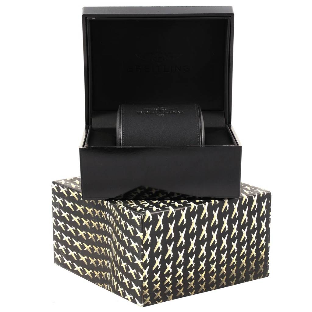 The image shows a Breitling Chronomat M73390 Men's Stainless Steel Black Dial M73390 Men's Stainless Steel Black Dial watch box and cushion, captured from a front angle.