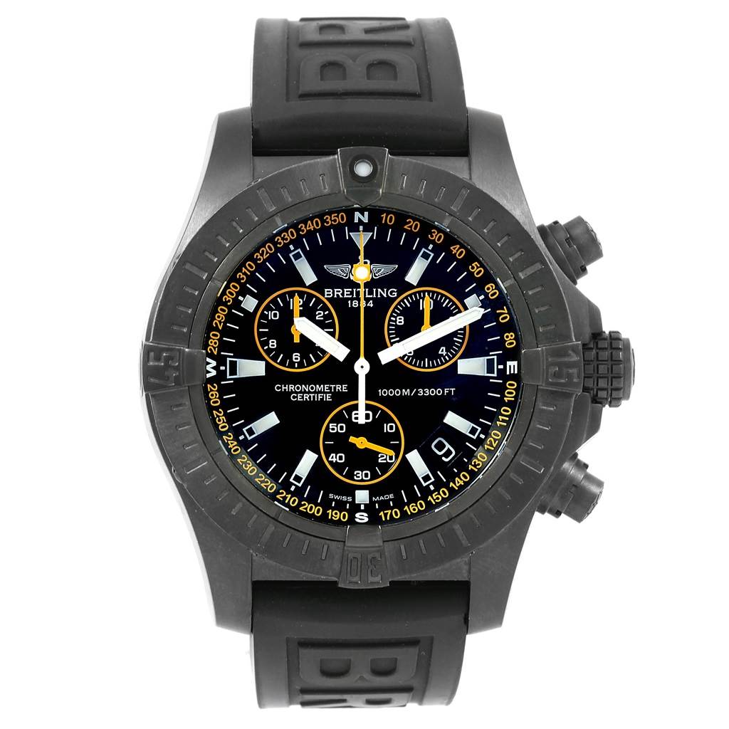 This image shows a front view of the Breitling Chronomat M73390 Men's Stainless Steel Black Dial M73390 Men's Stainless Steel Black Dial watch, highlighting the face, bezel, and rubber strap.