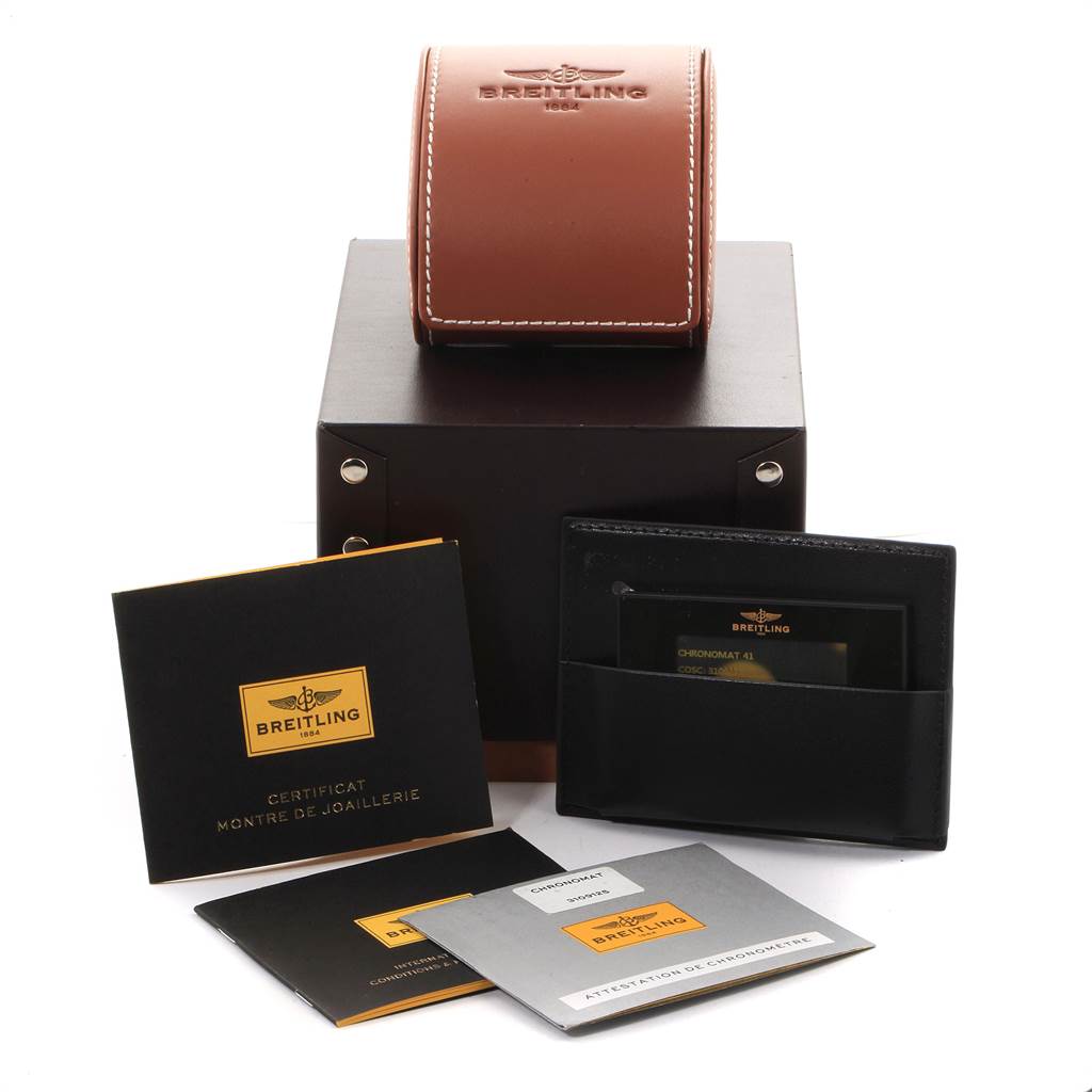 The image shows the Breitling Chronomat AB0140 Men's Stainless Steel White Dial AB0140 Men's Stainless Steel White Dial watch accessories including a leather case, box, and documentation from a front angle.