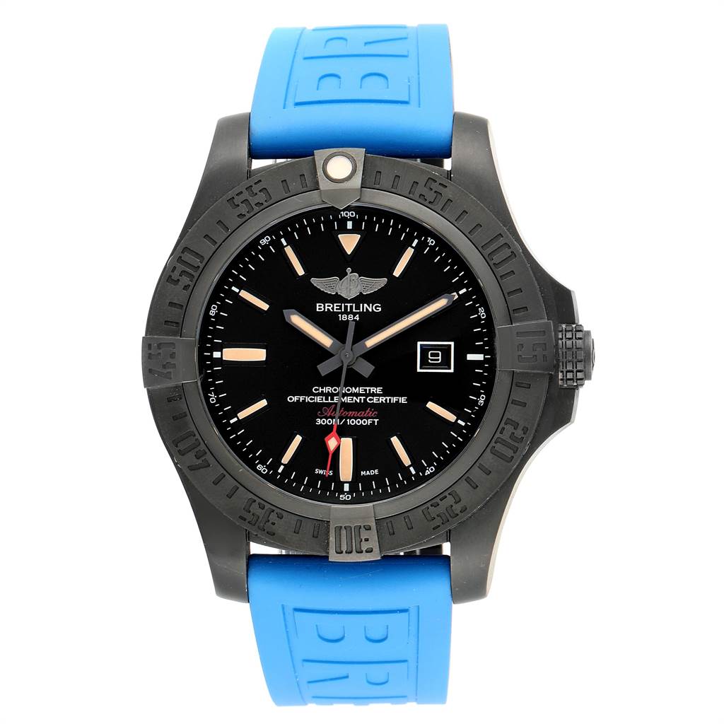 The image shows a frontal view of the Breitling Chronomat V17310 Men's Titanium Black Dial V17310 Men's Titanium Black Dial watch with a blue strap and a black dial.