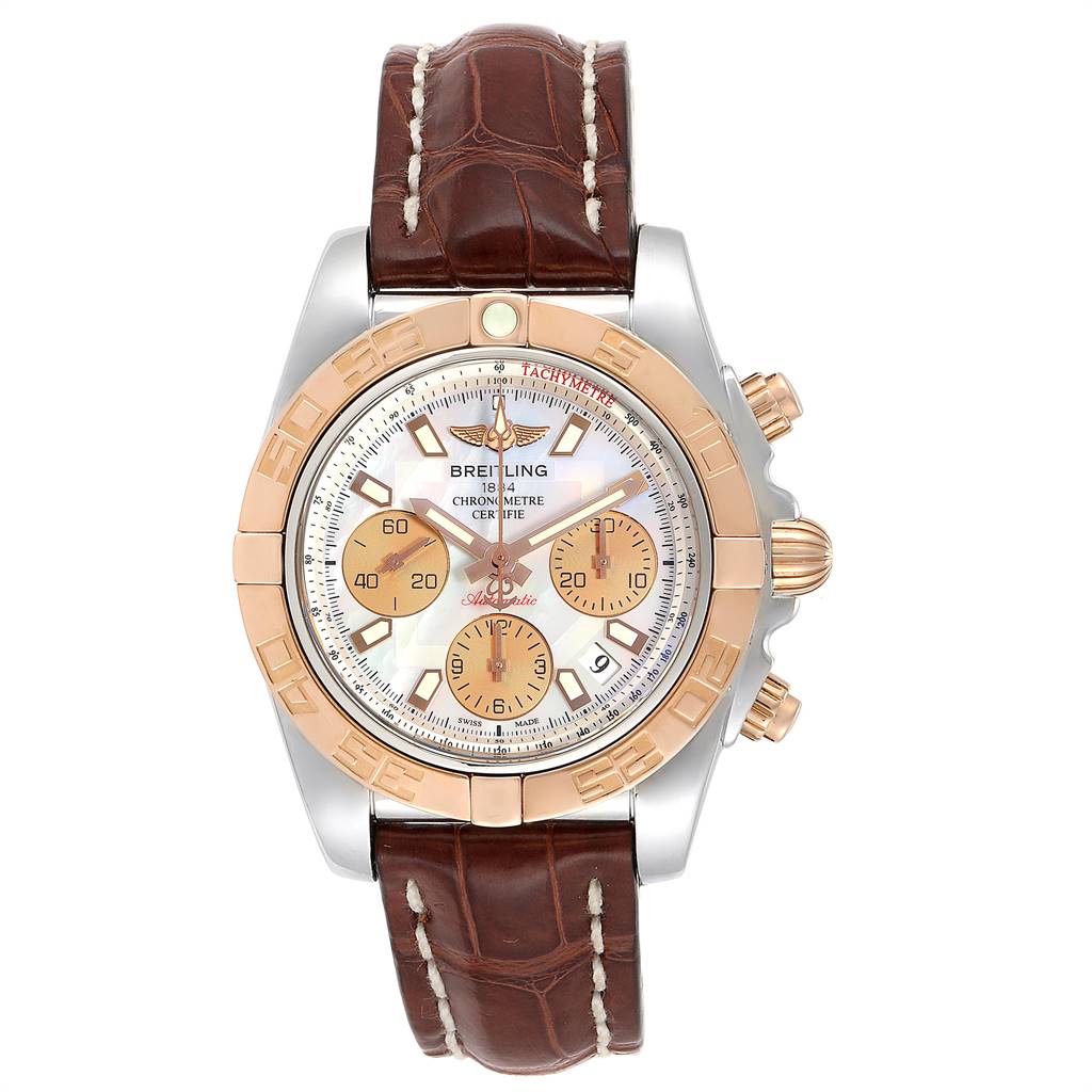 This Breitling Chronomat CB0140 Men's Steel and Gold (two tone) Mother of Pearl Dial CB0140 Men's Steel and Gold (two tone) Mother of Pearl Dial watch is shown from a front angle, displaying its face, bezel, case, and leather strap.