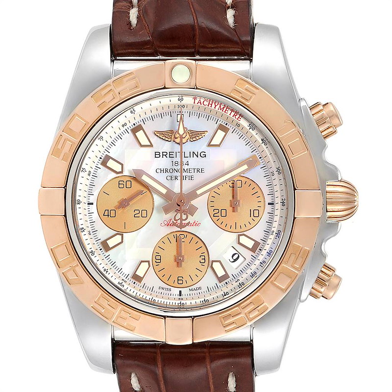 Breitling Chronomat 41 Steel Rose Gold MOP Dial Watch CB0140 Box Papers SwissWatchExpo