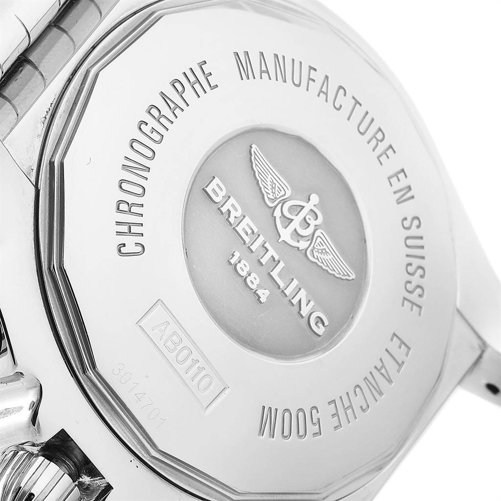 The image shows the back of a Breitling Chronomat AB0110 Men's Stainless Steel Mother of Pearl Dial AB0110 Men's Stainless Steel Mother of Pearl Dial watch, highlighting the engravings and logo.
