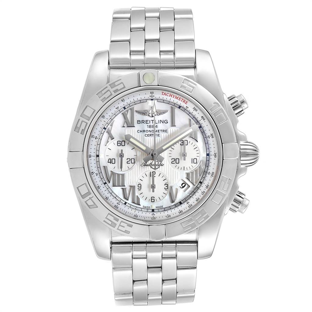 The image shows a front view of a Breitling Chronomat AB0110 Men's Stainless Steel Mother of Pearl Dial AB0110 Men's Stainless Steel Mother of Pearl Dial watch, featuring its face, bezel, and metal bracelet.