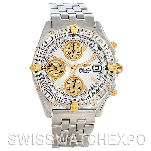 The image shows a frontal view of a Breitling Chronomat B13050.1 Men's Yellow Gold White Dial B13050.1 Men's Yellow Gold White Dial watch, highlighting its dial, bezel, subdials, and bracelet.