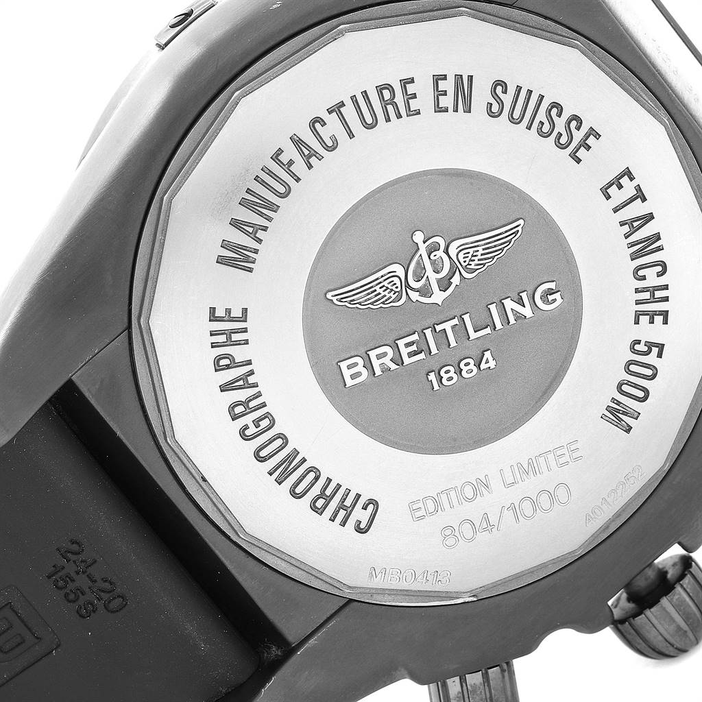The image shows the back case of a Breitling Chronomat MB041310/BC78-155S Men's Stainless Steel Black Dial MB041310/BC78-155S Men's Stainless Steel Black Dial watch, highlighting details about water resistance, model, and limited edition number.