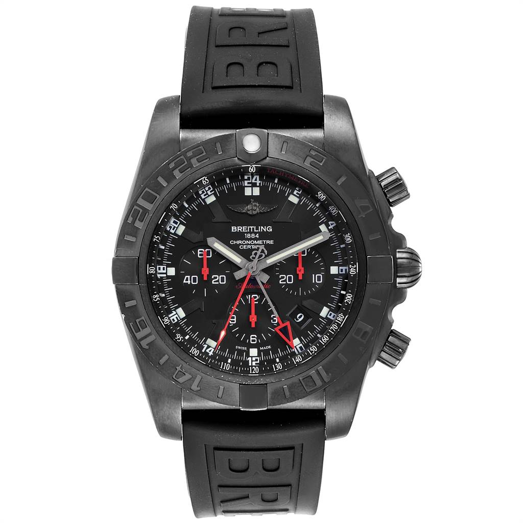 This image shows a front view of the Breitling Chronomat MB041310/BC78-155S Men's Stainless Steel Black Dial MB041310/BC78-155S Men's Stainless Steel Black Dial model watch, displaying the bezel, dial, chronograph subdials, and rubber strap.