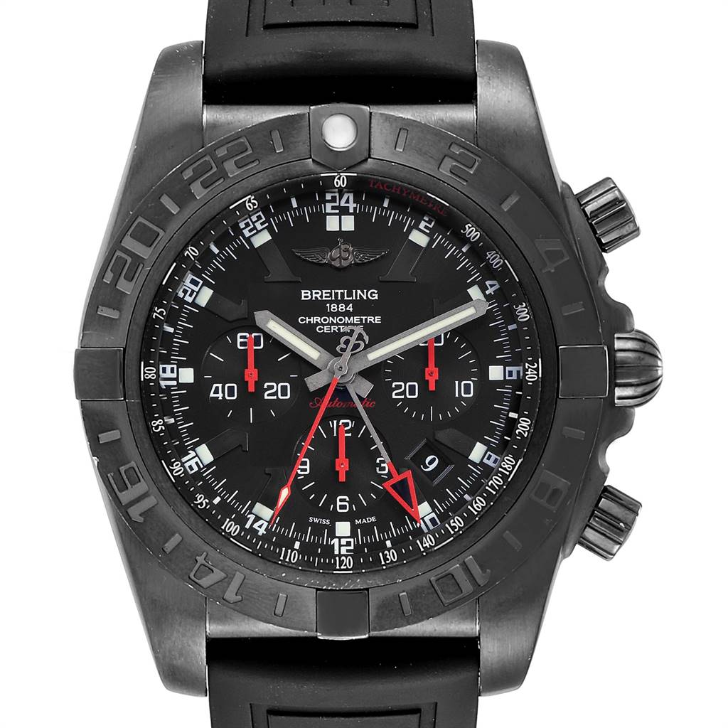 This is a front view of a Breitling Chronomat MB041310/BC78-155S Men's Stainless Steel Black Dial MB041310/BC78-155S Men's Stainless Steel Black Dial watch, displaying the dial, bezel, and pushers.