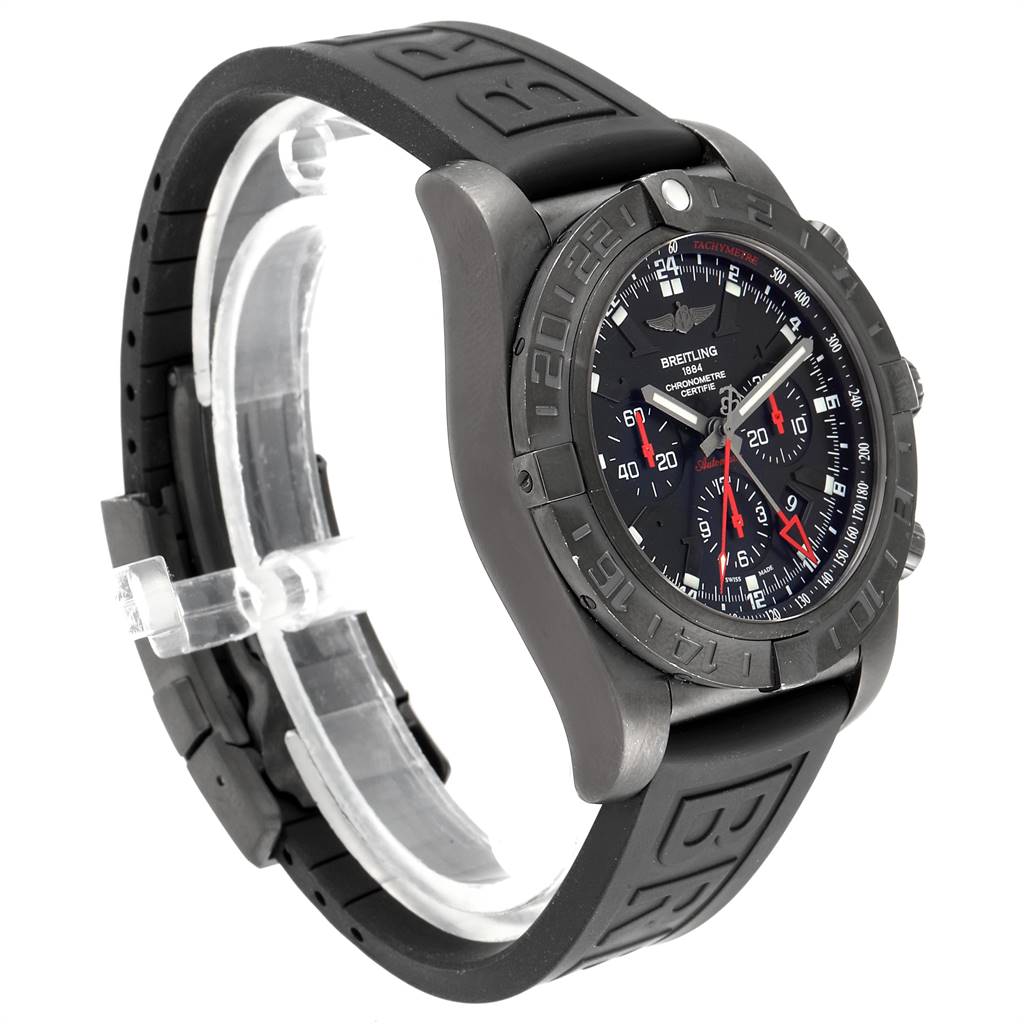 The Breitling Chronomat MB041310/BC78-155S Men's Stainless Steel Black Dial MB041310/BC78-155S Men's Stainless Steel Black Dial watch is shown from a side angle, displaying its black dial, bezel, and rubber strap.