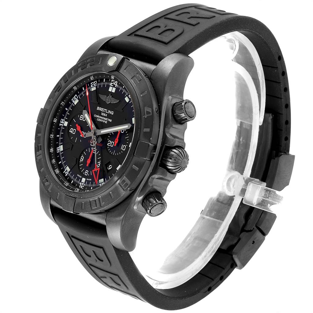 The Breitling Chronomat MB041310/BC78-155S Men's Stainless Steel Black Dial MB041310/BC78-155S Men's Stainless Steel Black Dial watch is shown from an angled side view, highlighting the face, bezel, pushers, and rubber strap.