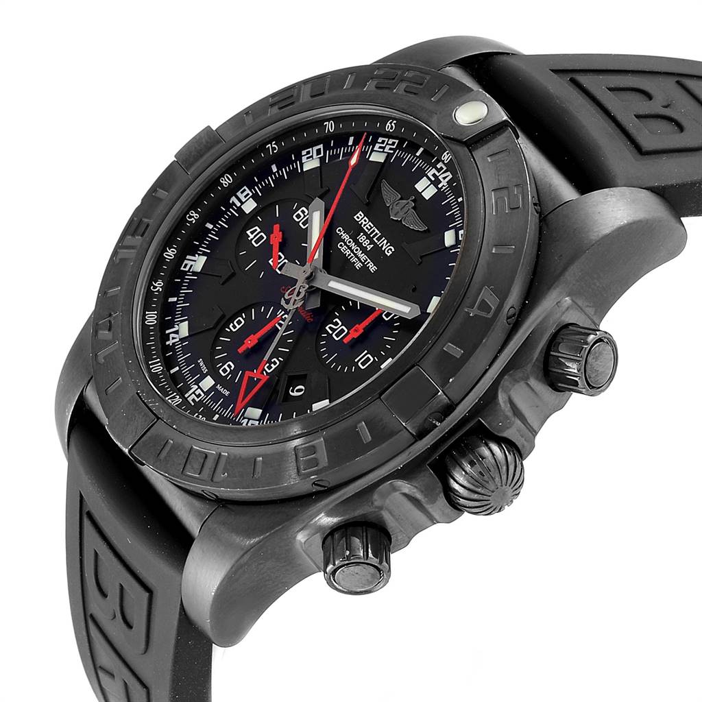 The image shows a Breitling Chronomat MB041310/BC78-155S Men's Stainless Steel Black Dial MB041310/BC78-155S Men's Stainless Steel Black Dial watch at an angle highlighting the dial, bezel, pushers, and crown.