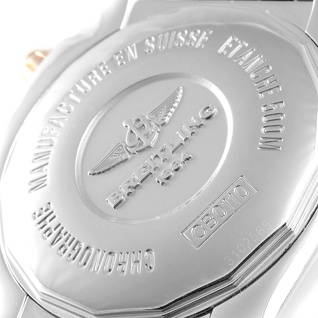 The image shows the back case of a Breitling Chronomat CB011012/C790 Men's Steel and Gold (two tone) Blue Dial CB011012/C790 Men's Steel and Gold (two tone) Blue Dial watch, displaying its engravings and model number.