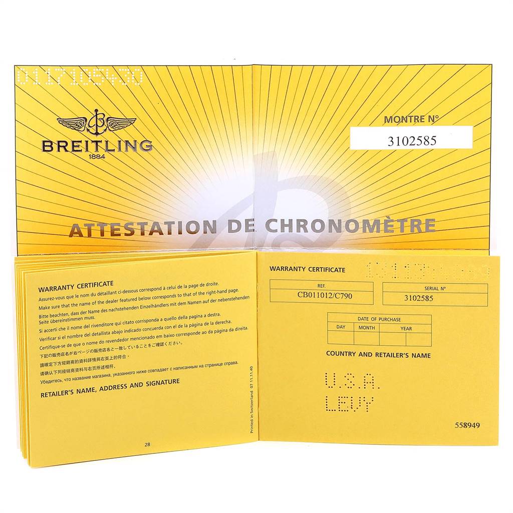 The image shows the open warranty certificate for a Breitling Chronomat CB011012/C790 Men's Steel and Gold (two tone) Blue Dial CB011012/C790 Men's Steel and Gold (two tone) Blue Dial watch.