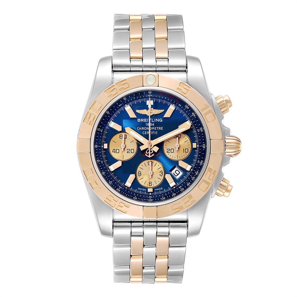 The image shows a front view of a Breitling Chronomat CB011012/C790 Men's Steel and Gold (two tone) Blue Dial CB011012/C790 Men's Steel and Gold (two tone) Blue Dial watch, featuring a blue dial, gold accents, and a two-tone metal bracelet.