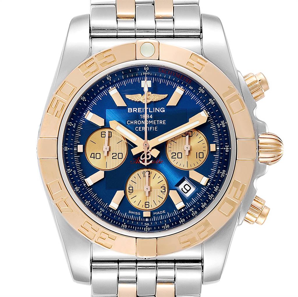 The image shows a front view of the Breitling Chronomat CB011012/C790 Men's Steel and Gold (two tone) Blue Dial CB011012/C790 Men's Steel and Gold (two tone) Blue Dial watch, highlighting its dial, sub-dials, bezel, crown, and bracelet.