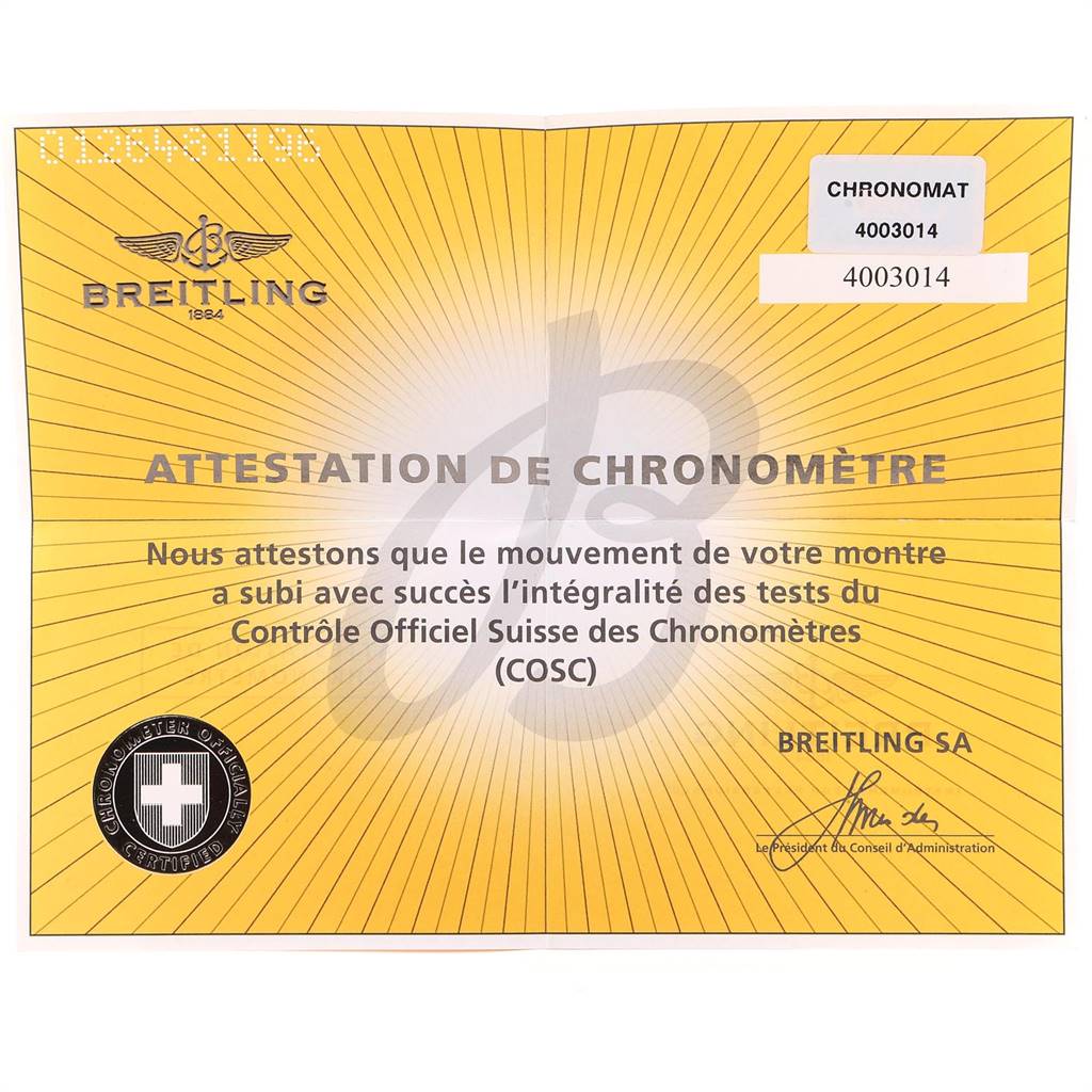 This image shows the Certification of Chronometer for a Breitling Chronomat AB042011/Q589-437X Men's Stainless Steel Brown Dial AB042011/Q589-437X Men's Stainless Steel Brown Dial watch.