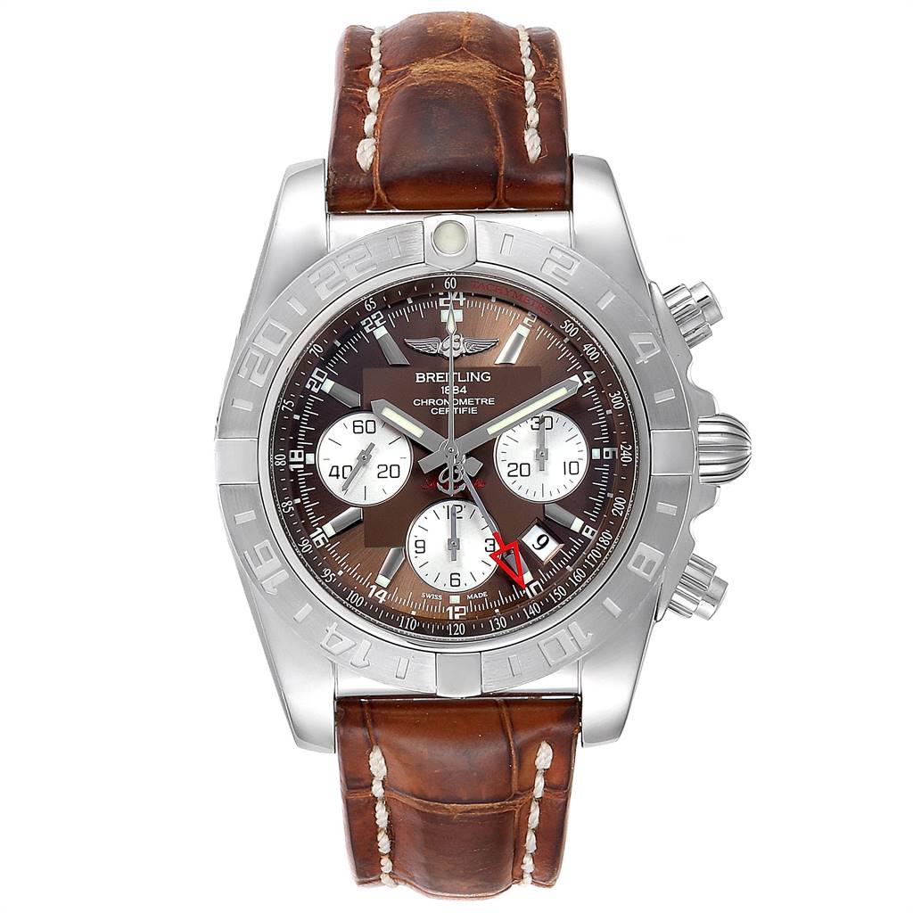 This image shows a Breitling Chronomat AB042011/Q589-437X Men's Stainless Steel Brown Dial AB042011/Q589-437X Men's Stainless Steel Brown Dial watch from a front angle, displaying its face, bezel, crown, and brown leather strap.