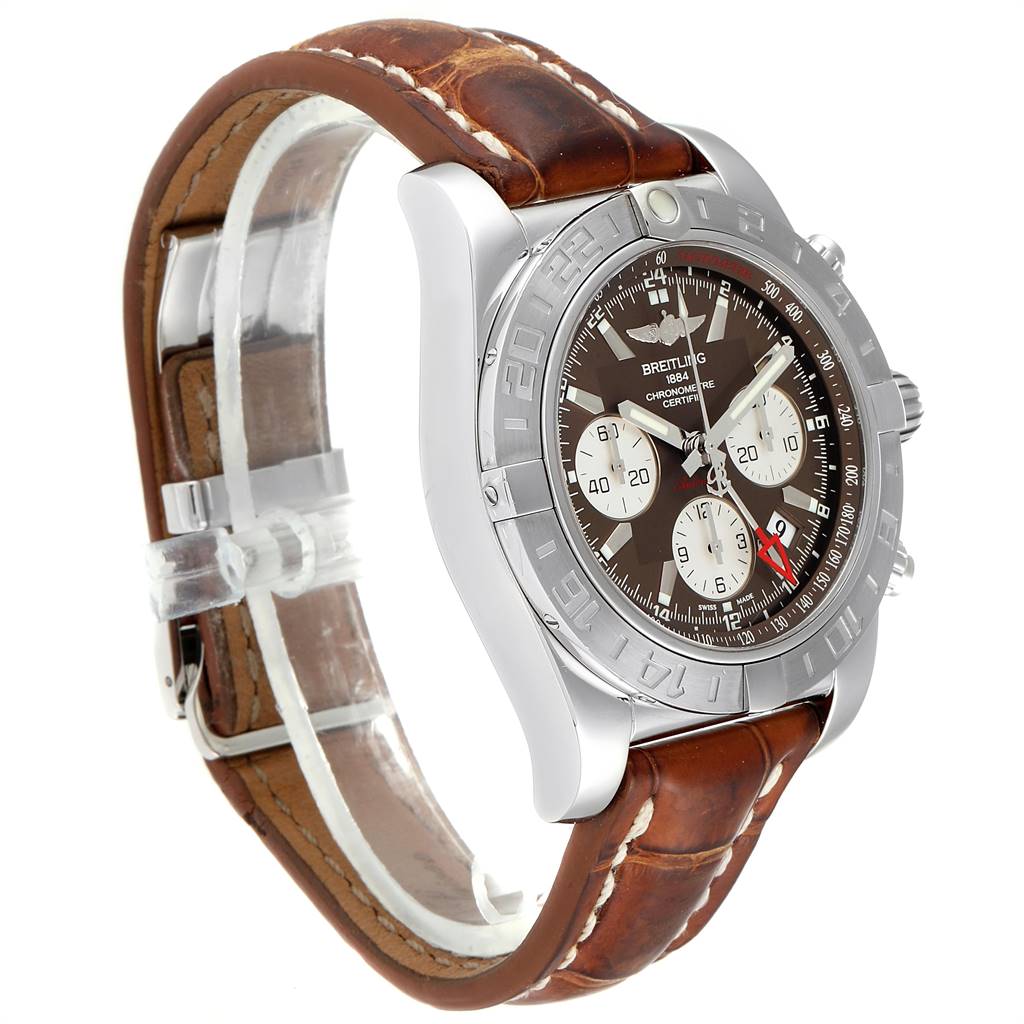 The image shows a side and partial front view of a Breitling Chronomat AB042011/Q589-437X Men's Stainless Steel Brown Dial AB042011/Q589-437X Men's Stainless Steel Brown Dial watch with a brown leather strap and silver case.
