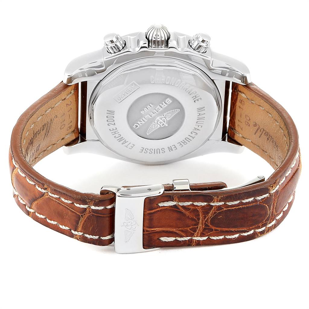 The image shows the back view of a Breitling Chronomat AB042011/Q589-437X Men's Stainless Steel Brown Dial AB042011/Q589-437X Men's Stainless Steel Brown Dial's case and leather strap, including the clasp.